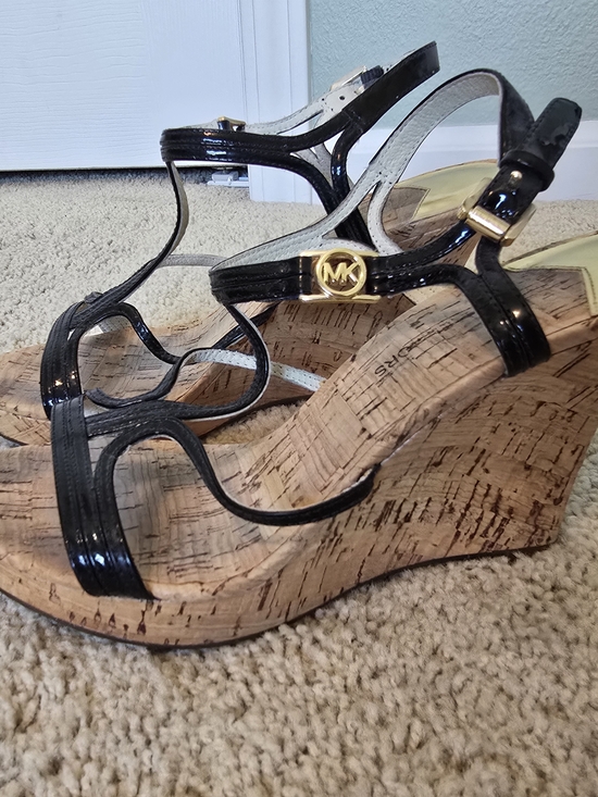Michael Kors Shoes - Michael Kors Black Patent Leather Cork Wedge Sandals with Gold MK Accent
